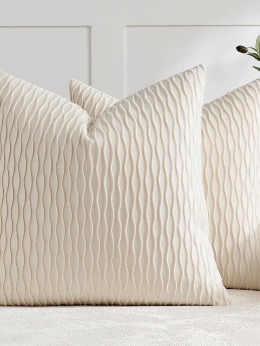 Beige Couch Pillow Covers: Pack of 2 18x18 Inch Vertical Ripple Striped Velvet